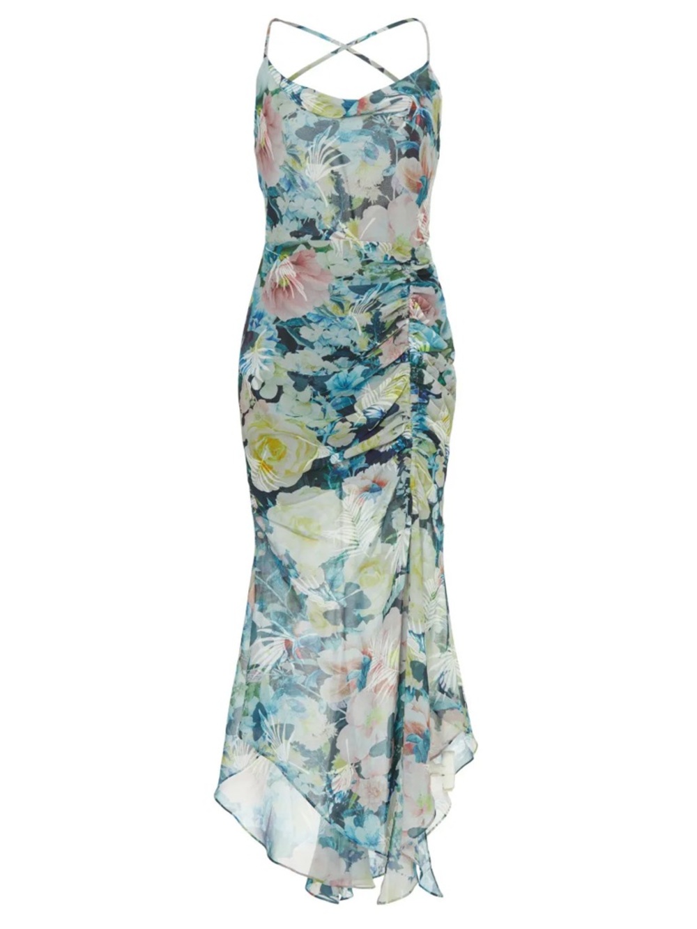 Sau Lee Freida Blue Moody Floral Asymmetrical Dress Mermaid Wedding Guest Size 6 - Picture 2 of 14